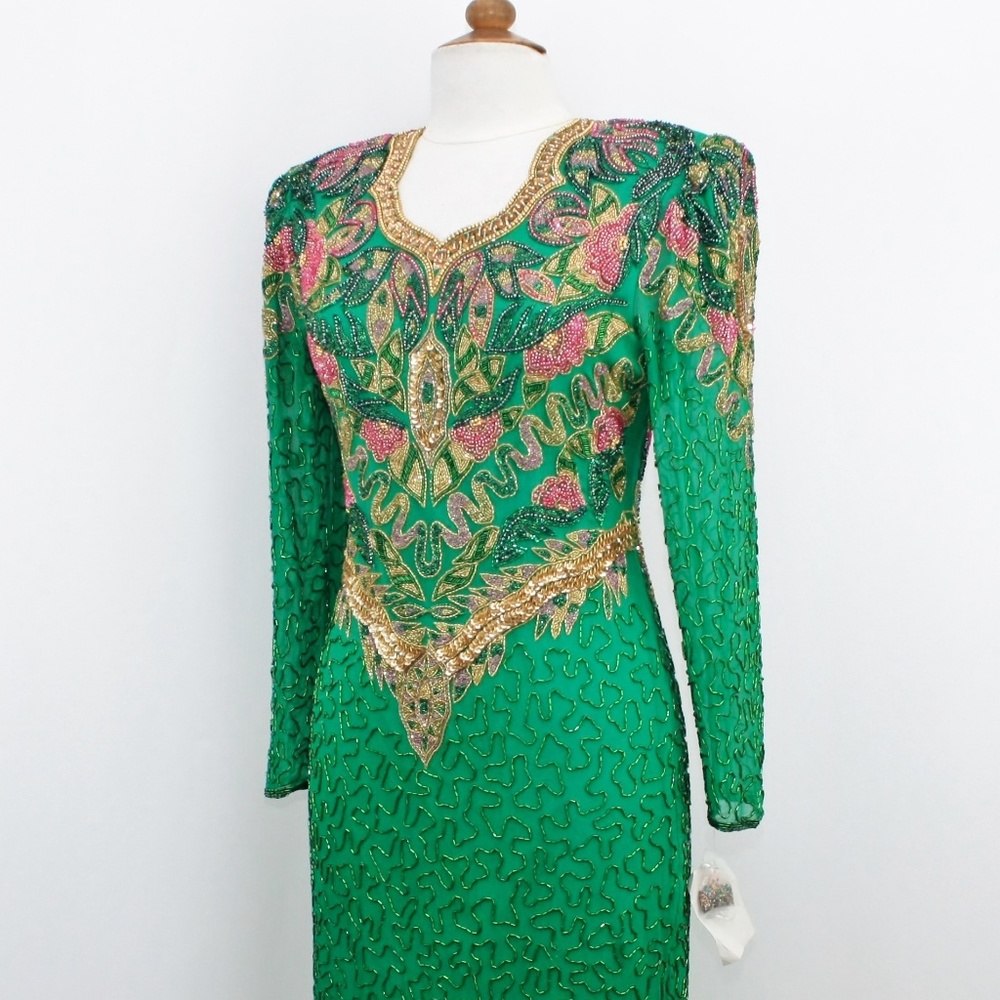JASDEE Vintage Long Sleeve Dress Hand Work Bead & Sequins On Silk Style 6001
